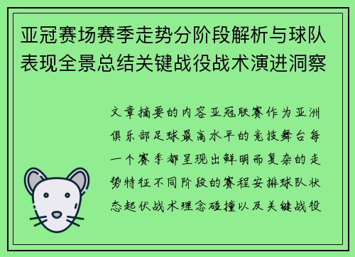 亚冠赛场赛季走势分阶段解析与球队表现全景总结关键战役战术演进洞察