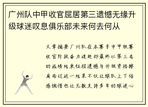 广州队中甲收官屈居第三遗憾无缘升级球迷叹息俱乐部未来何去何从